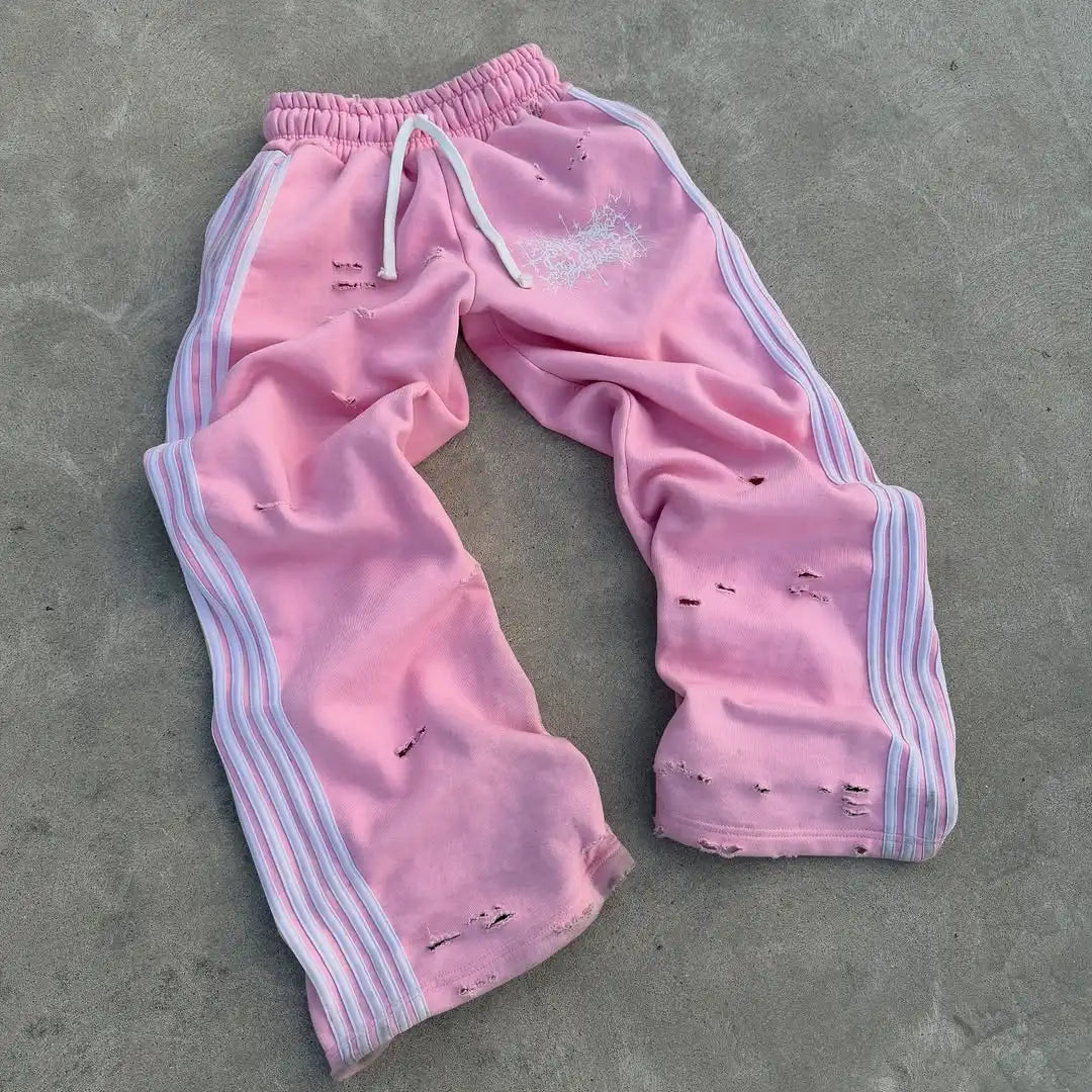New Y2k personalized side stripe print drawstring straight pants man clothing sweatpants street trend loose couple casual pants