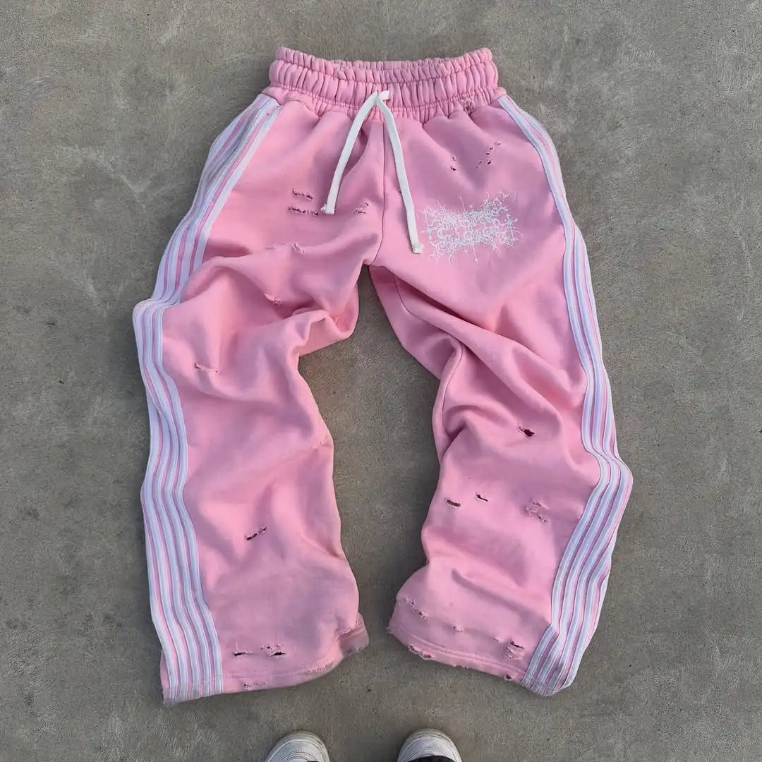 New Y2k personalized side stripe print drawstring straight pants man clothing sweatpants street trend loose couple casual pants